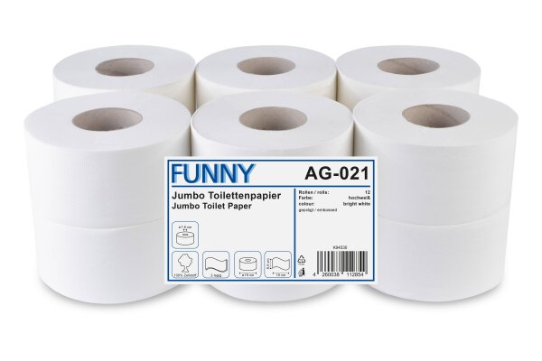 Jumbo-Toilettenpapier, 2-lagig, wei&szlig;, Zellstoff , &Oslash; 19 cm, 12 Rollen