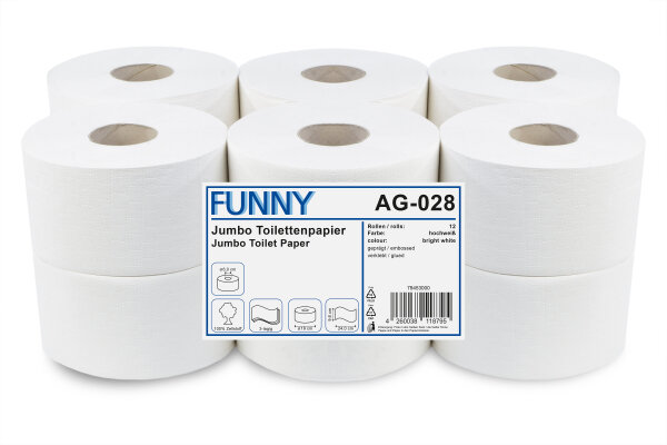 Jumbo-Toilettenpapier, 3-lagig, wei&szlig;, Zellstoff, &Oslash; 19 cm, 12 Rollen