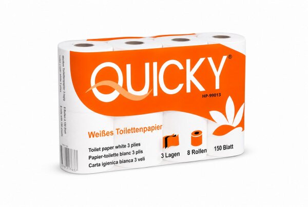Toilettenpapier, 3-lagig, wei&szlig;, Zellstoff, 150 Blatt, 8 x 8 Rollen