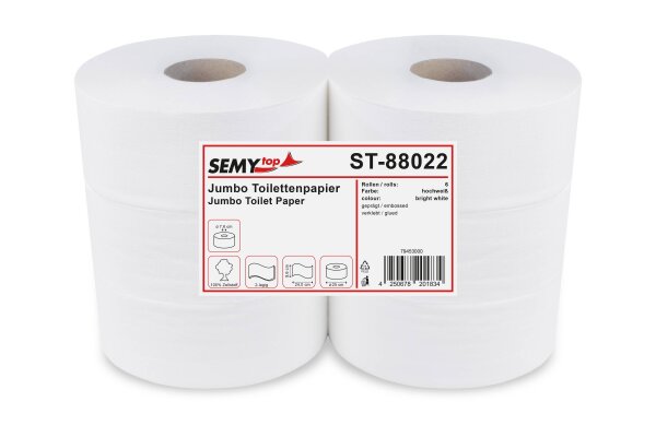 Jumbo-Toilettenpapier, 2-lagig, wei&szlig;, Zellstoff, &Oslash; 25 cm, 6 Rollen