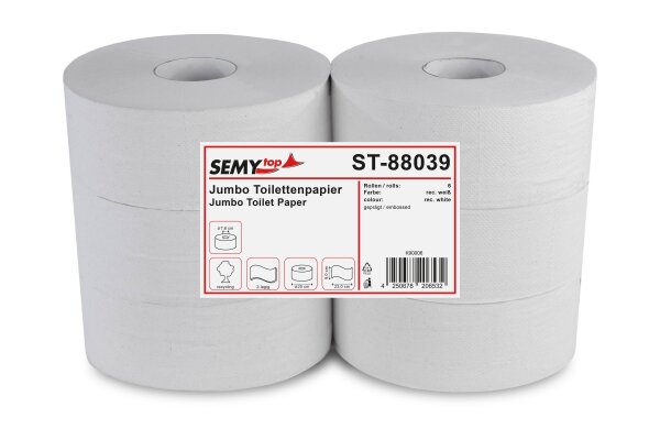 Jumbo-Toilettenpapier, 2-lagig, recycling wei&szlig;, &Oslash; 25 cm, 6 Rollen