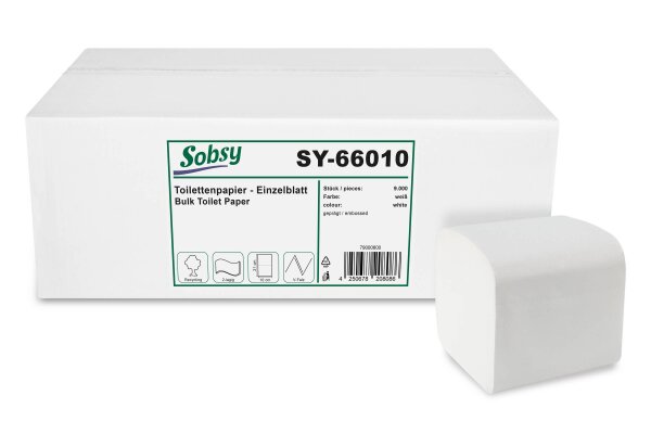 Toilettenpapier Einzelblatt, 10 x 21 cm, 2-lagig, recycling wei&szlig;, 9000 St&uuml;ck