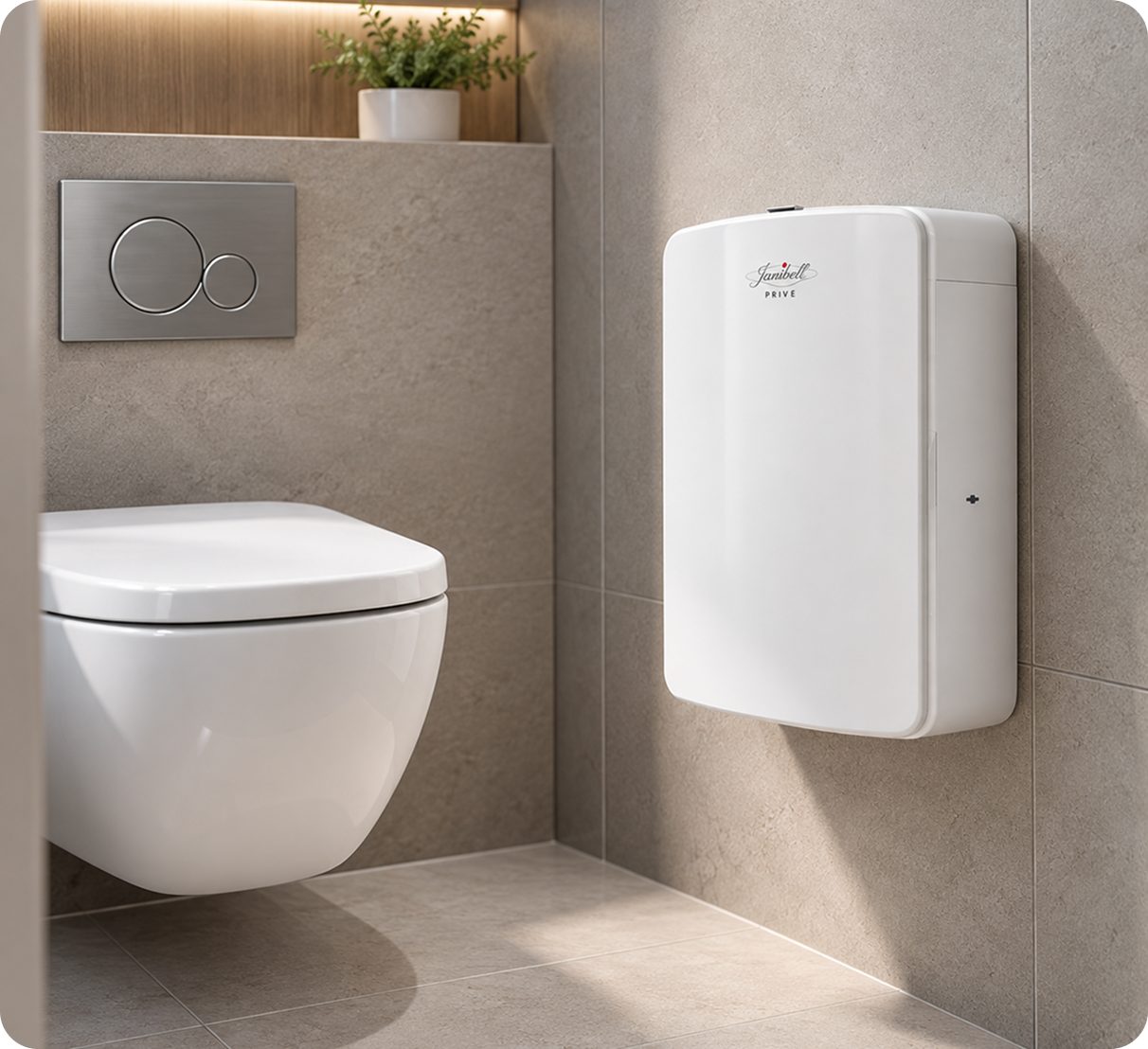 Weißer Hygienebehälter an der Wand neben einem wandhängenden WC