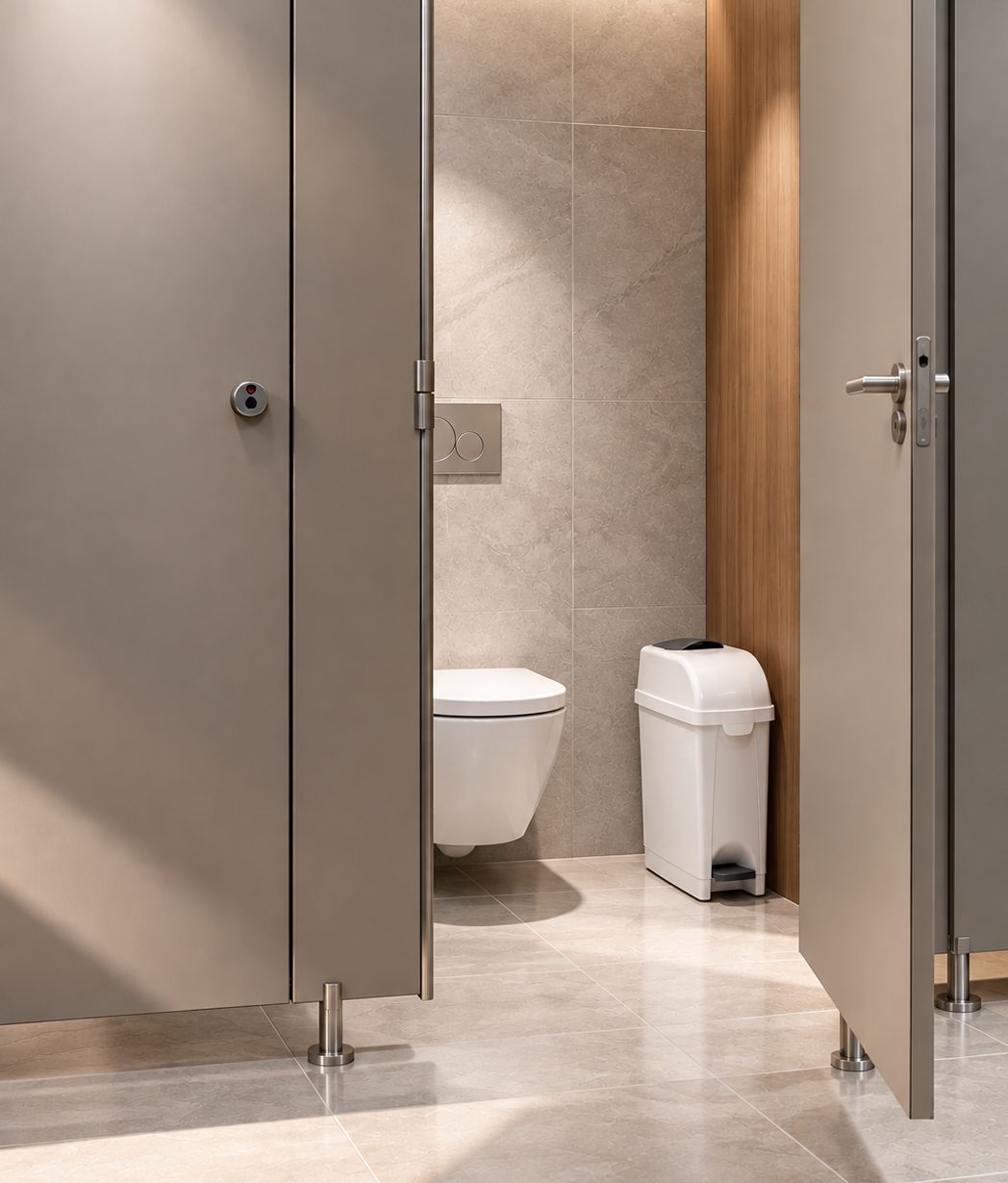 Offene WC-Kabine mit Hygienebehälter mit Fußpedal neben dem WC
