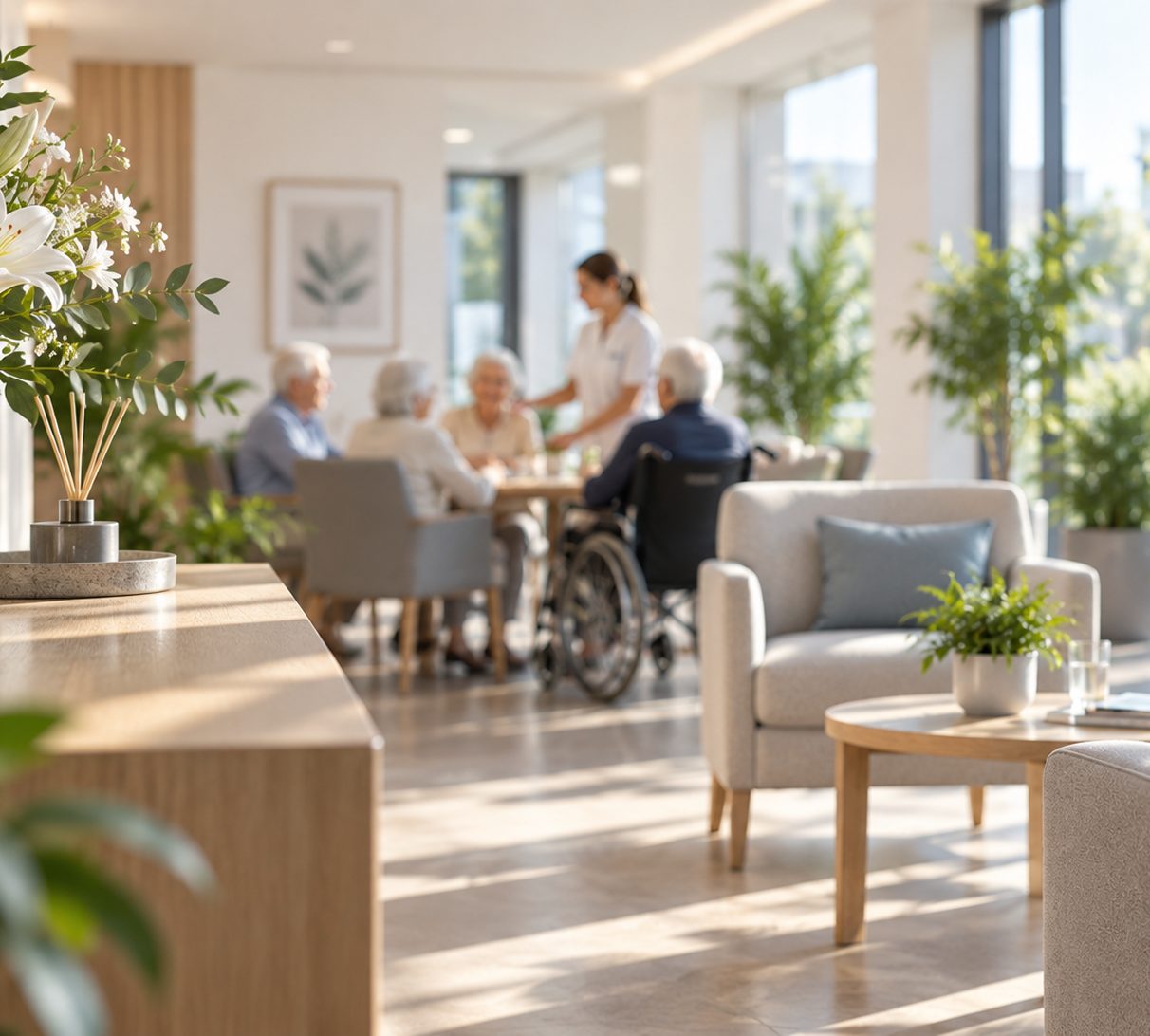 Heller Aufenthaltsraum mit Pflanzen, Bewohner und Pflegerin am Tisch