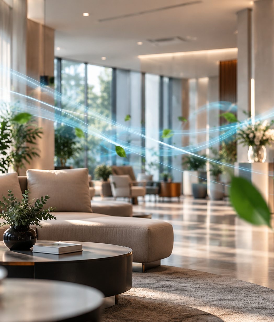 Lichtdurchflutete Lobby mit Sitzgruppe, frische Luft als blaue Linien angedeutet