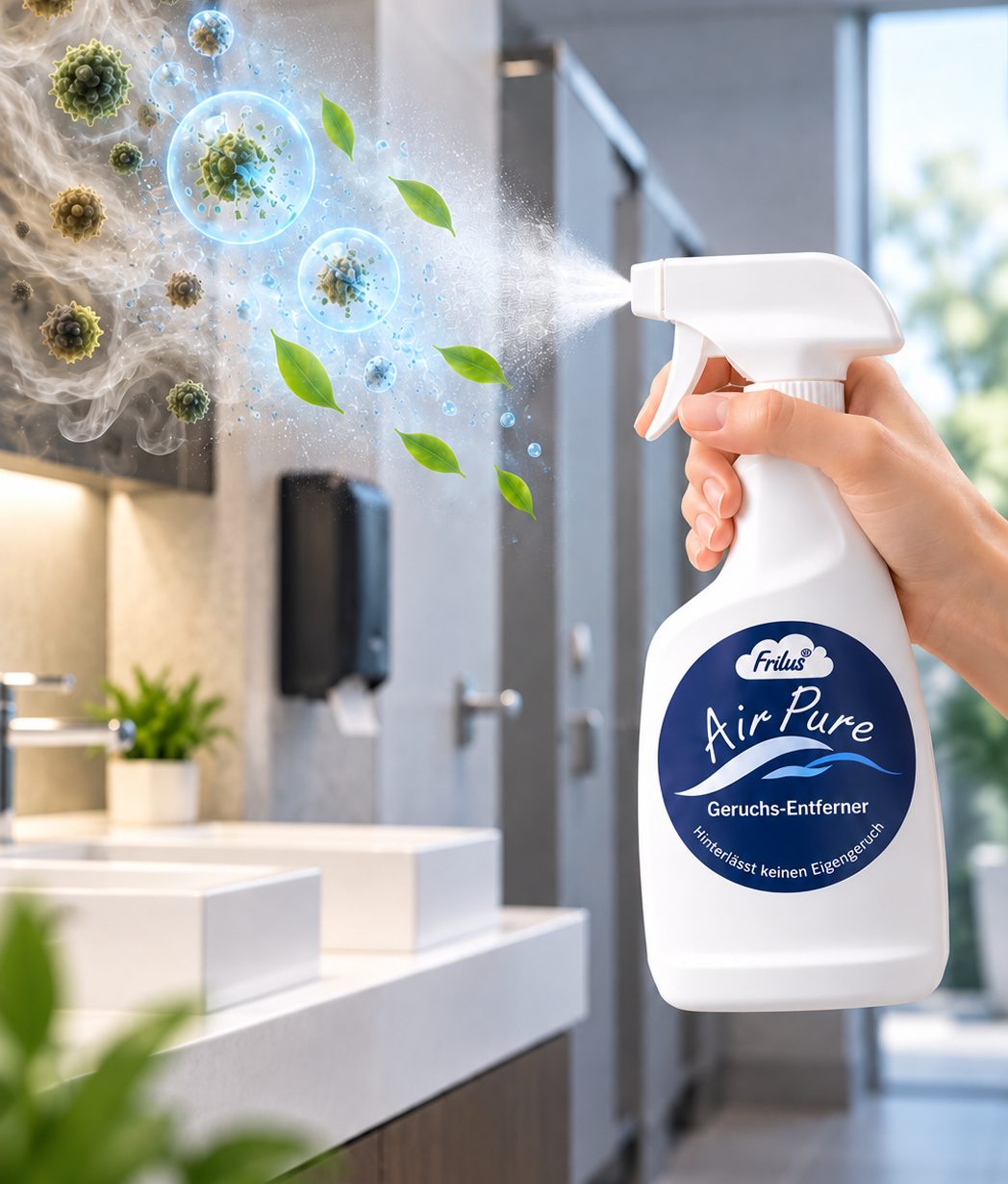 Hand sprüht Frilus Air Pure in einem Waschraum