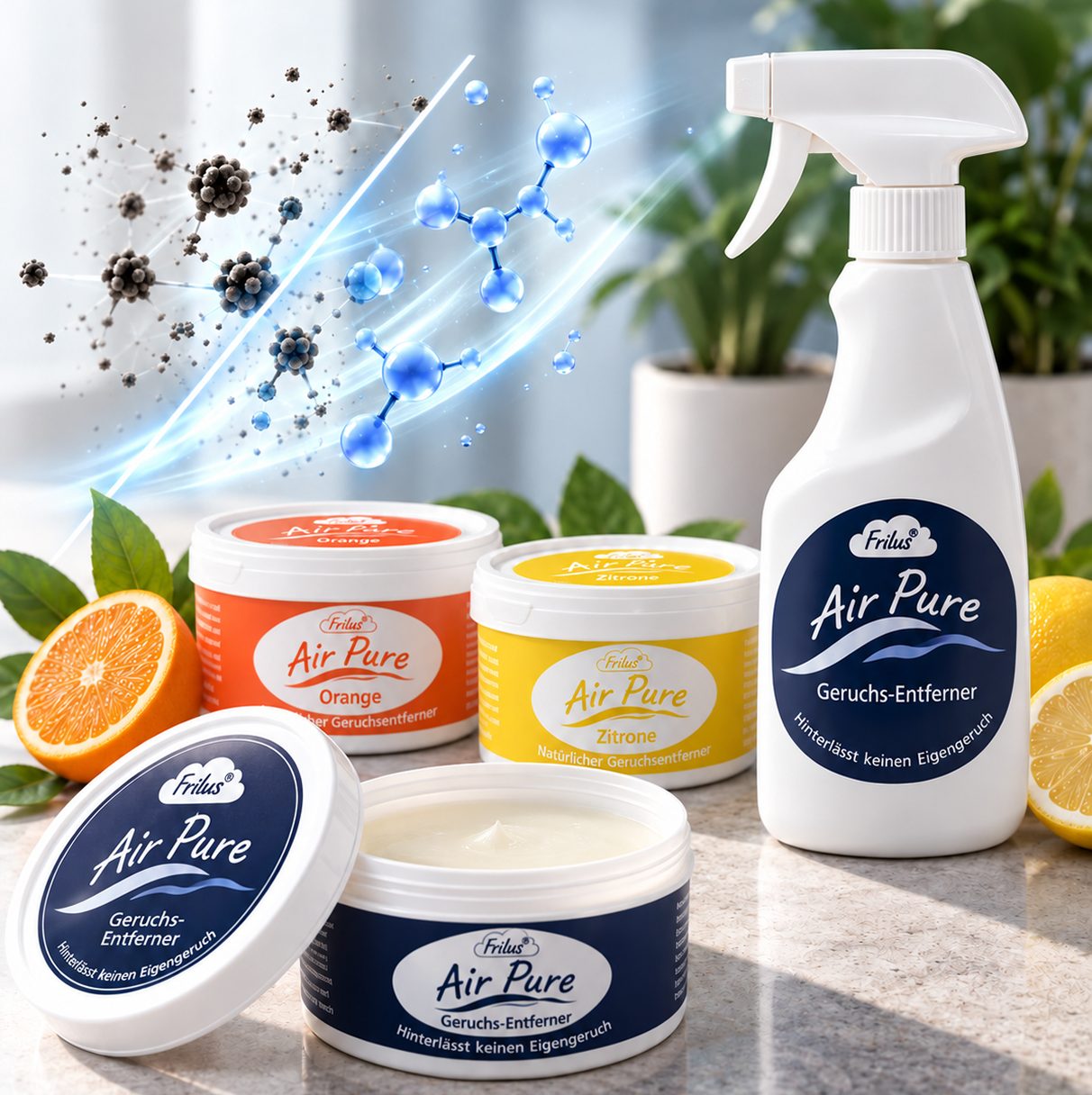 Frilus Air Pure als Spray und Dosen in Neutral, Orange und Zitrone