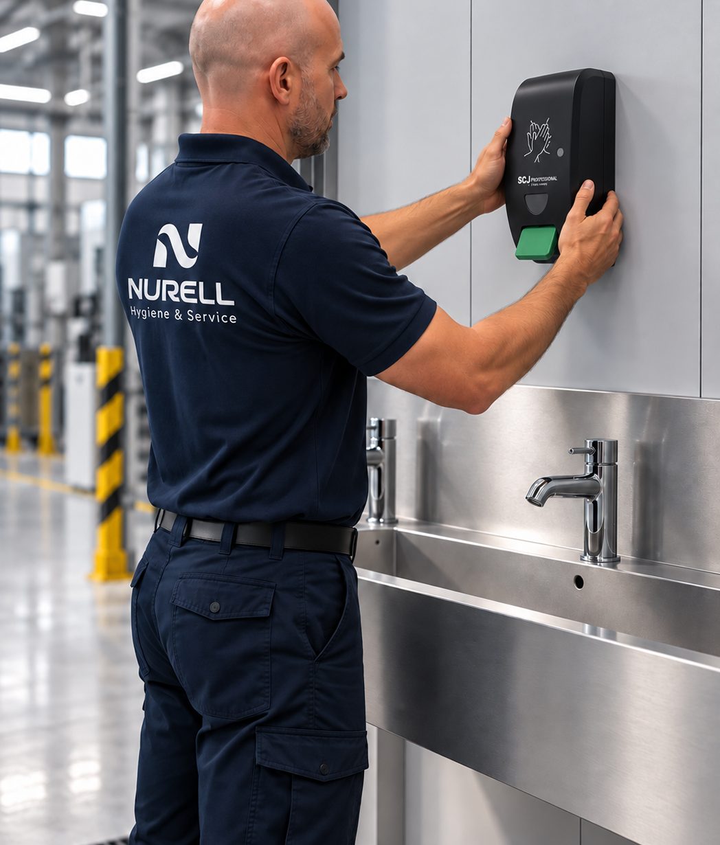 Nurell-Techniker montiert einen Hautschutzspender über einem Waschtrog